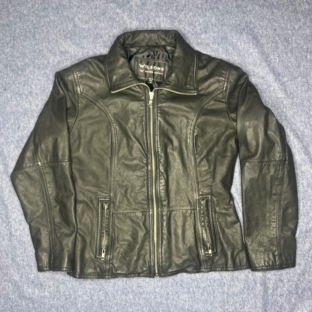 Wilsons The Leather Experts Womens Black Leather Zip Up Bomber Jacket Medium